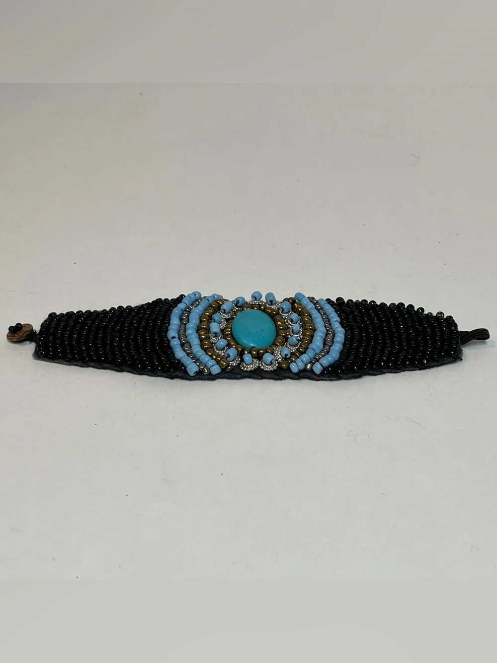 Handmade Seed Bead Beaded Cuff Bracelet Boho Style, Black, Teal, Copper Tones